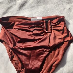 CALIA High-Waisted Asymmertrical Swim Bottom In Red Brown Shine NWT